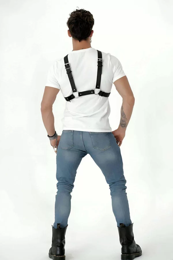Göğüs Detaylı Arkadan Bağlamalı Erkek  Deri Harness - Brfm84