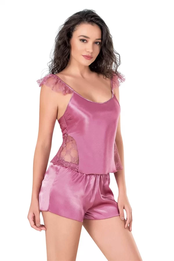Gül Kurusu Saten Babydoll Şort Takımı