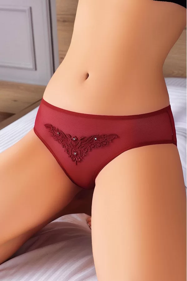 Güpürlü Taşlı Bordo Tül Fantezi Külot