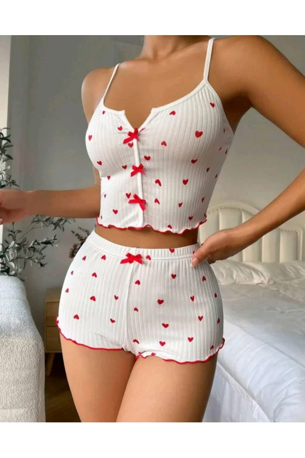 Kadın Beyaz Fiyonk Desenli Seksi Gecelik Takım 6640
