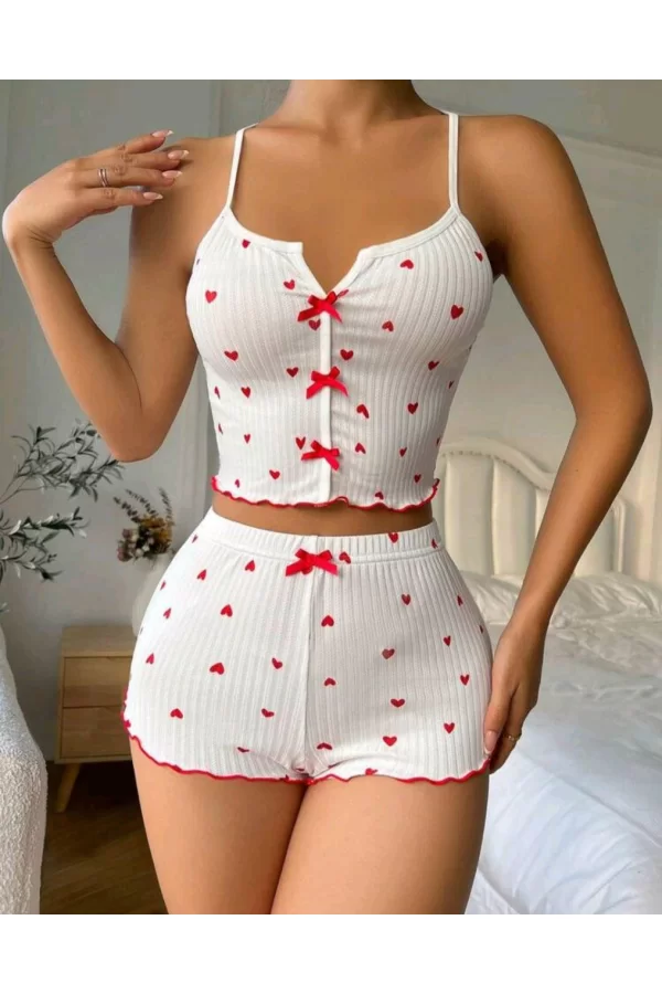 Kadın Beyaz Kalpli Askılı Şortlu Pijama Takım 6655