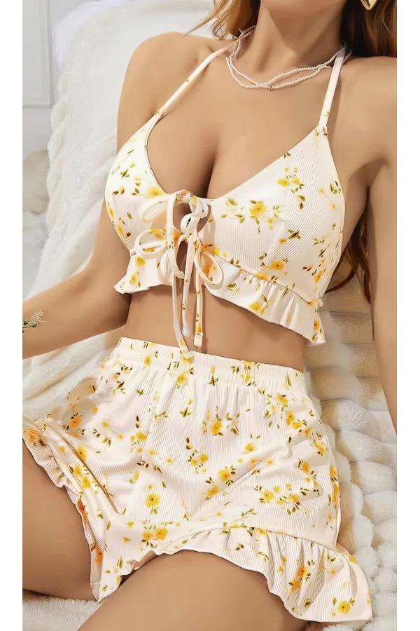Kadın Çiçekli Ekru Askılı Şortlu Pijama Takım 6646