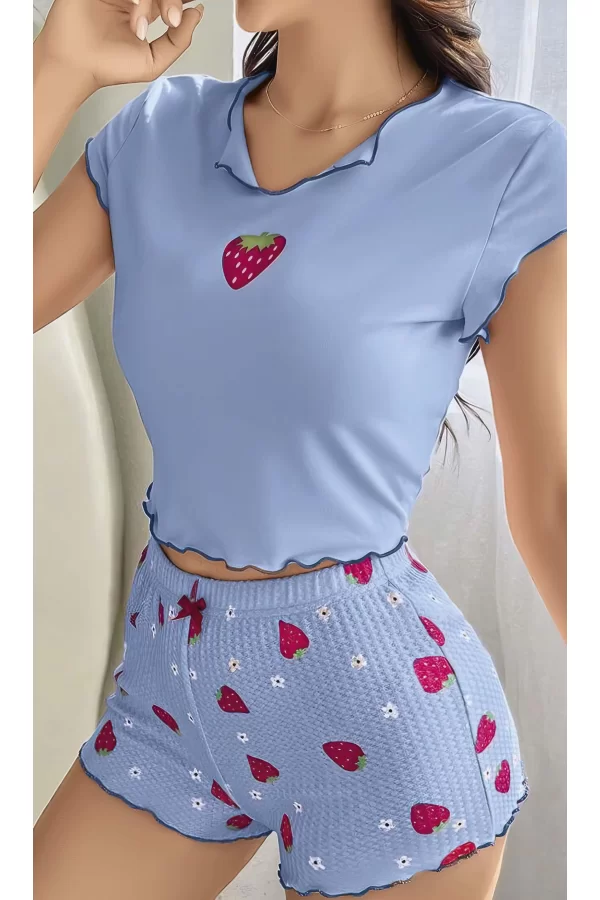 Kadın Çilek Desenli Bebe Mavi Seksi Gecelik Takım 6638
