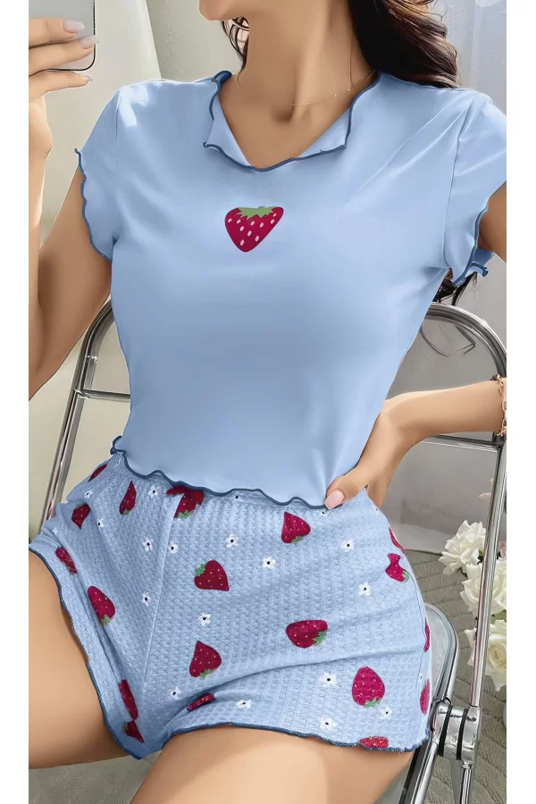 Kadın Çilek Desenli Bebe Mavi Seksi Gecelik Takım 6638