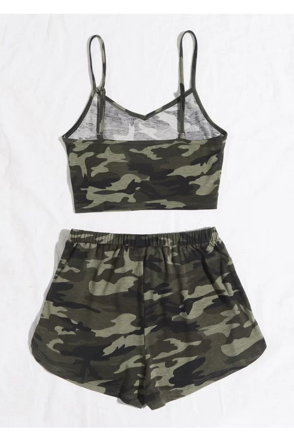 Kadın Kamuflaj Desenli Askılı Crop Top Ve Şortlu Gecelik Takım