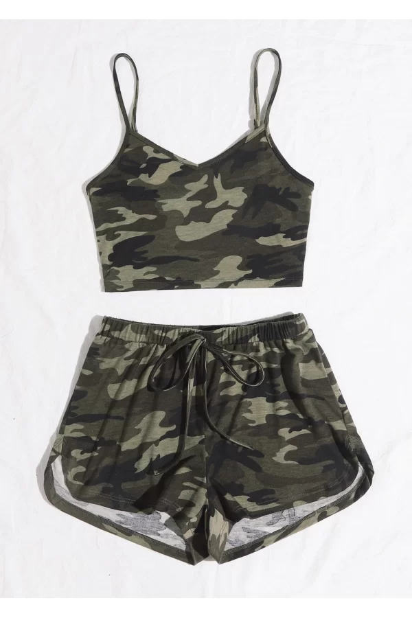 Kadın Kamuflaj Desenli Askılı Crop Top Ve Şortlu Gecelik Takım