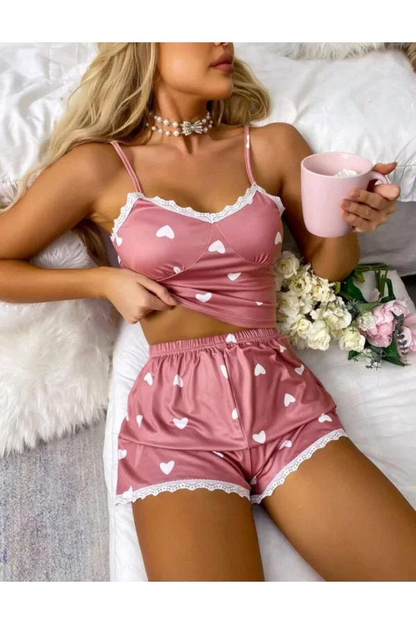 Kadın Pembe Askılı Şortlu Pijama Takım 6653