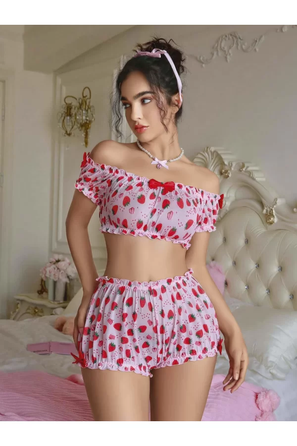 Kadın Pembe Çilek Desenli Sexy Kostüm 8014