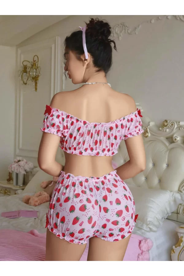 Kadın Pembe Çilek Desenli Sexy Kostüm 8014
