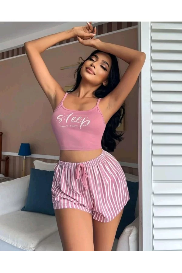 Kadın Pembe Çizgili Desen Askılı Şortlu Pijama Takım 9002