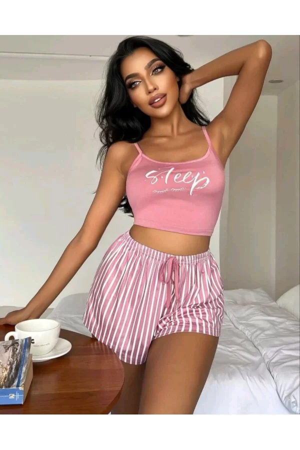 Kadın Pembe Çizgili Desen Askılı Şortlu Pijama Takım 9002