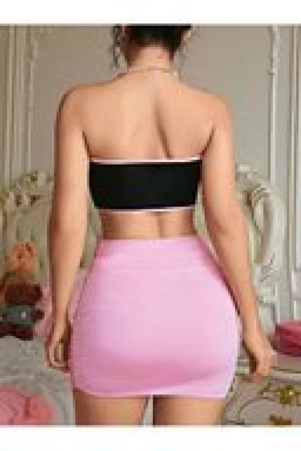 Kadın Pembe Ekose Etekli Seksi Kostüm