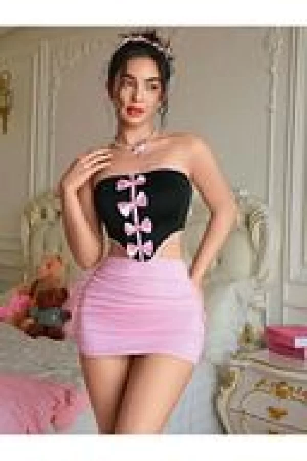 Kadın Pembe Ekose Etekli Seksi Kostüm