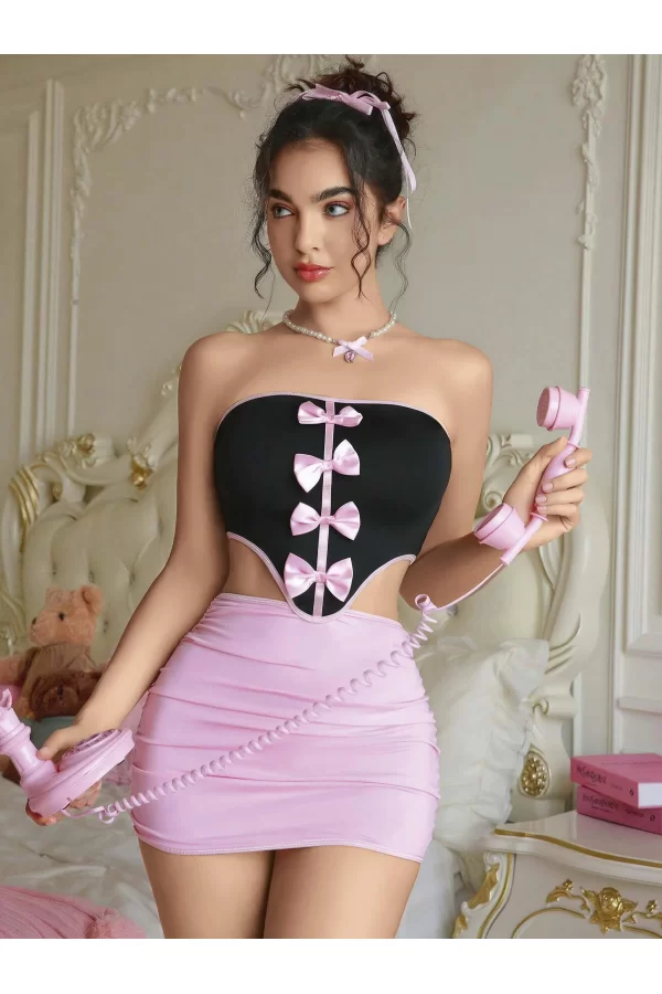 Kadın Pembe Etekli Fiyonk Detaylı Sexy Kostüm 8010