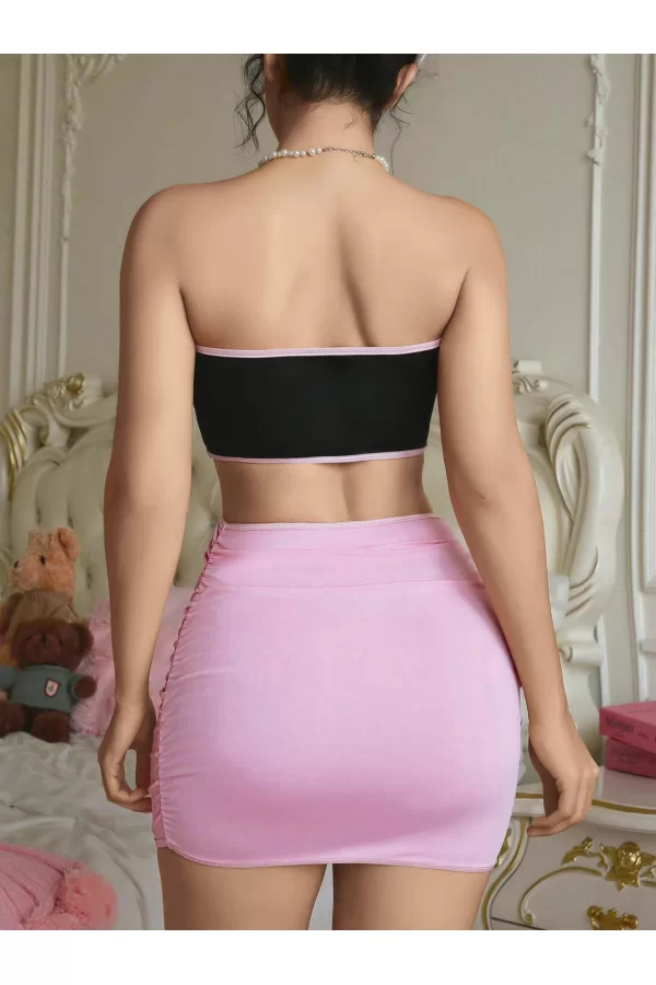 Kadın Pembe Etekli Fiyonk Detaylı Sexy Kostüm 8010