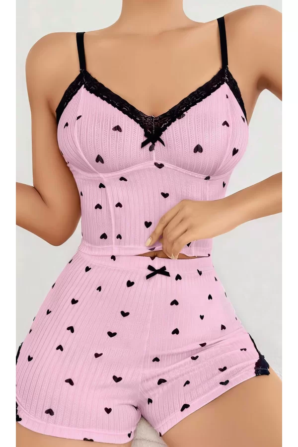 Kadın Pembe Kalp Desenli Askılı Şortlu Pijama Takım 6647