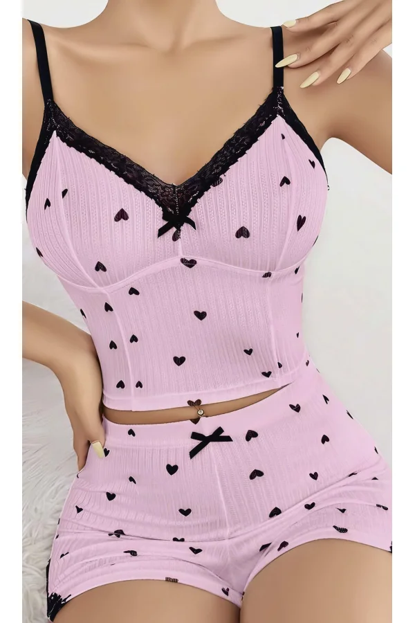 Kadın Pembe Kalp Desenli Askılı Şortlu Pijama Takım 6647