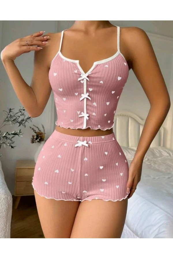 Kadın Pembe Kalpli Askılı Şortlu Pijama Takım 6654