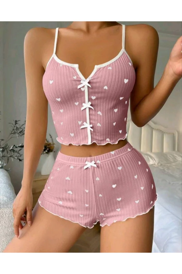 Kadın Pembe Kalpli Askılı Şortlu Pijama Takım 6654