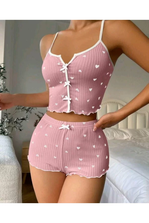 Kadın Pembe Kalpli Askılı Şortlu Pijama Takım 6654