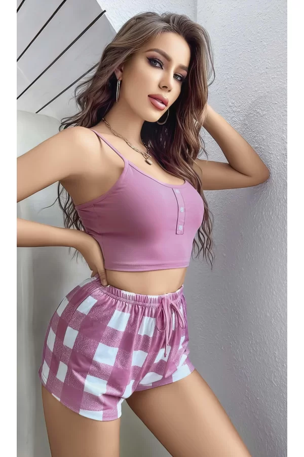Kadın Pembe Kareli Desenli Askılı Şortlu Pijama Takım 6651