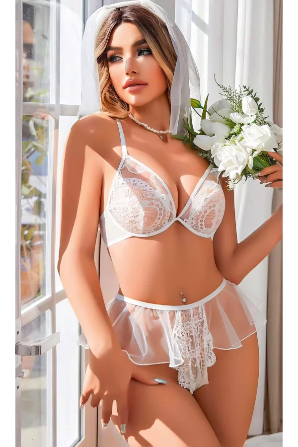 Kadın Seksi Beyaz Dantel Fantazi Kostümü 3828