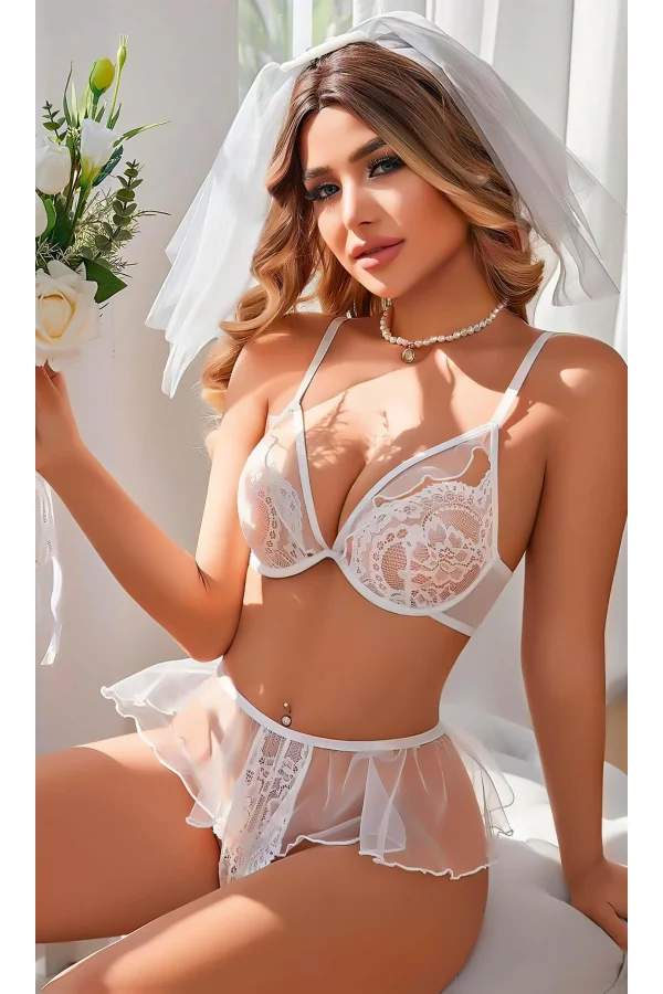Kadın Seksi Beyaz Dantel Fantazi Kostümü 3828