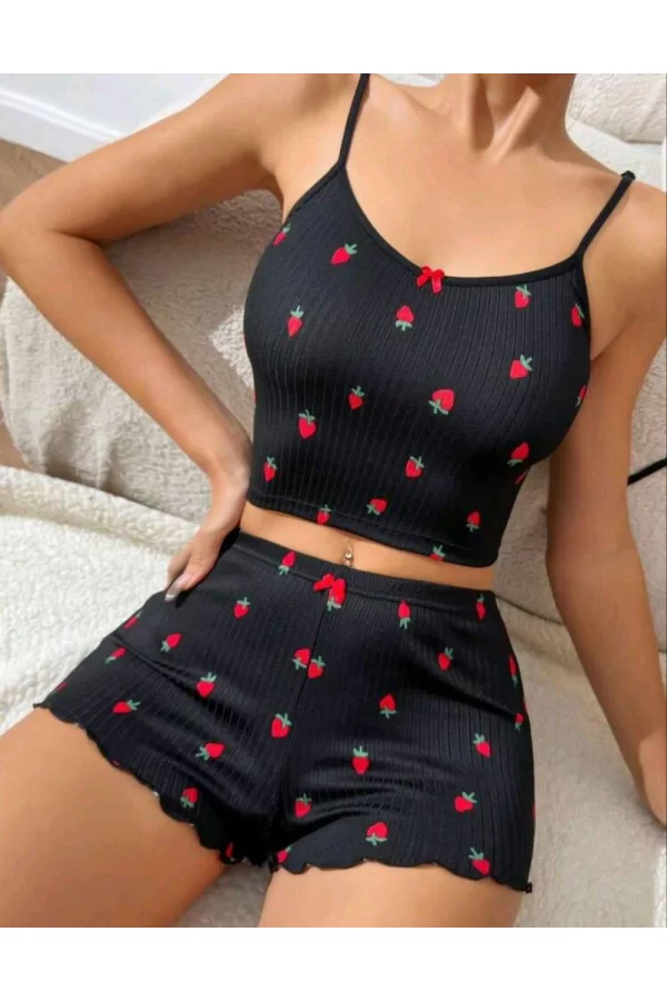 Kadın Siyah Çilek Desenli Seksi Gecelik Takım 6644