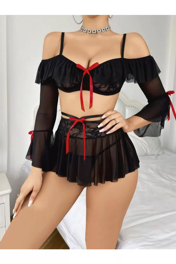 Kadın Siyah Etek Bustiyer Sexy Gecelik Takım 3831