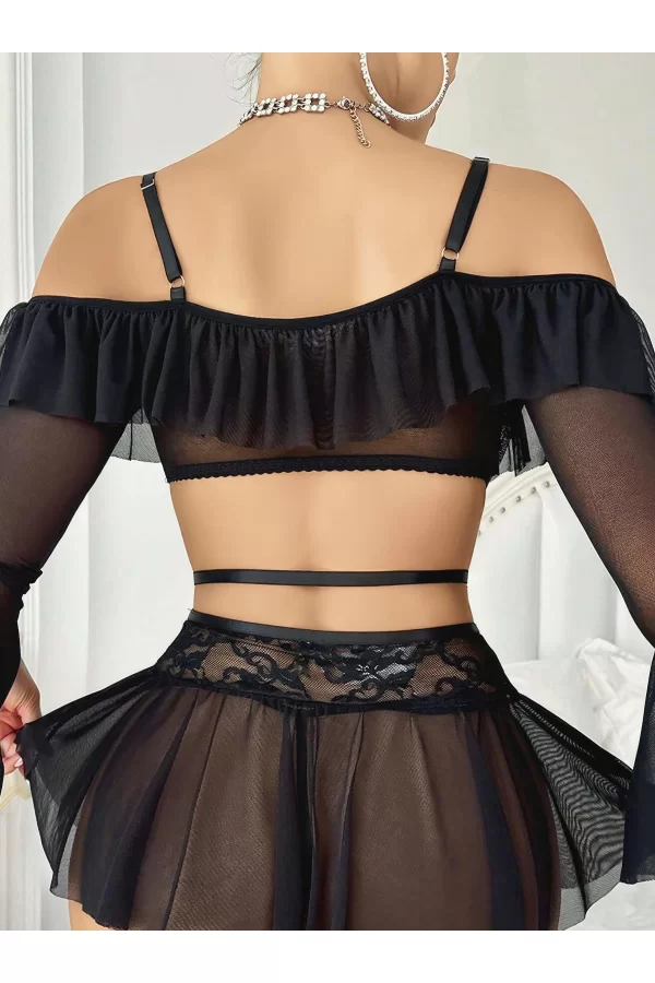 Kadın Siyah Etek Bustiyer Sexy Gecelik Takım 3831
