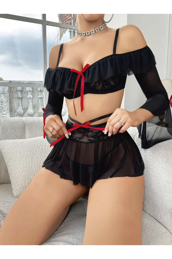 Kadın Siyah Etek Bustiyer Sexy Gecelik Takım 3831