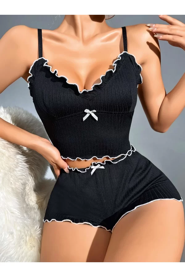 Kadın Siyah Fitilli Askılı Şortlu Pijama Takım 6659