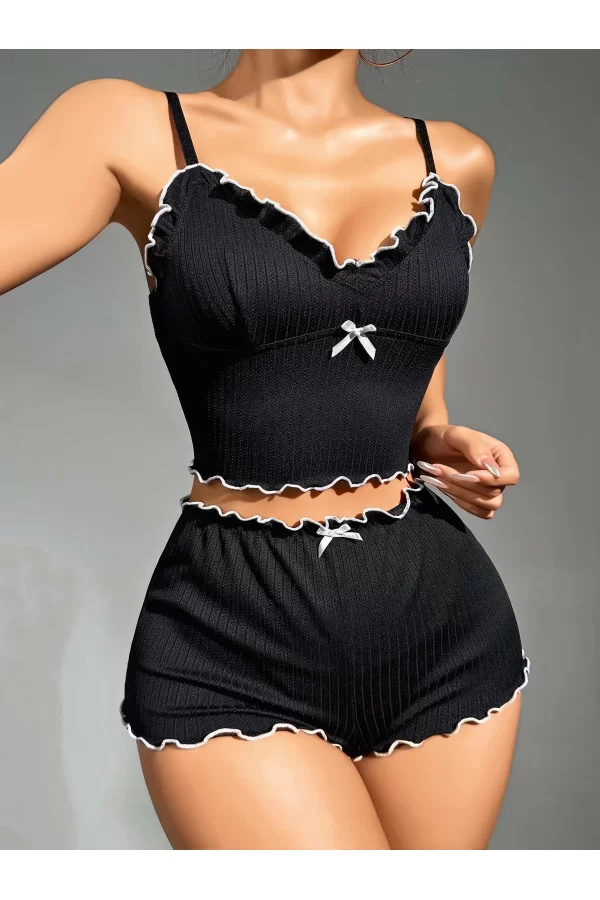Kadın Siyah Fitilli Askılı Şortlu Pijama Takım 6659