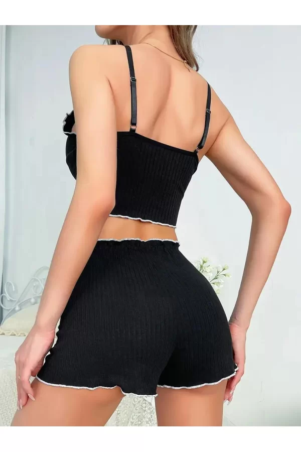 Kadın Siyah Fitilli Askılı Şortlu Pijama Takım 6659