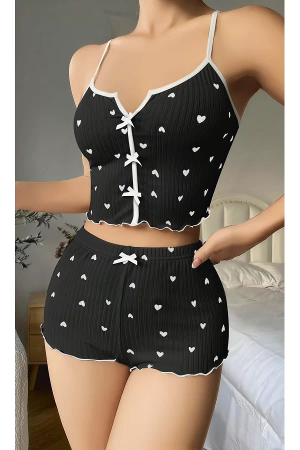 Kadın Siyah Kalp Desenli Askılı Şortlu Pijama Takım 6650