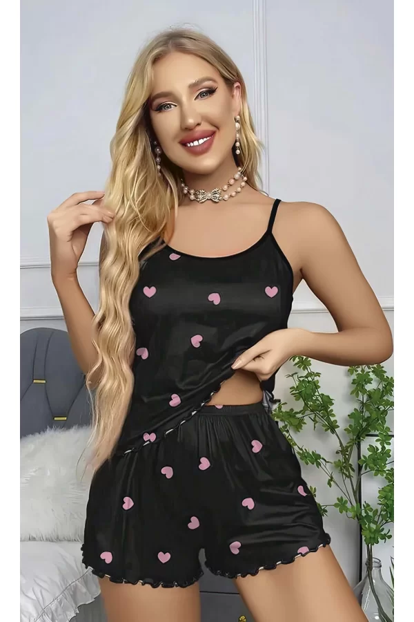 Kadın Siyah Kalp Desenli Seksi Gecelik Takım 6660
