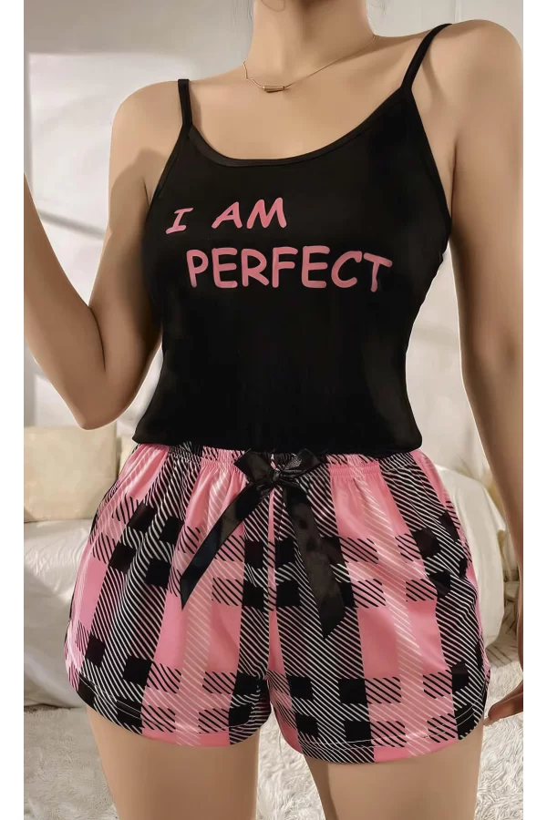 Kadın Siyah Kare Desenli Askılı Şortlu Pijama Takım 6652