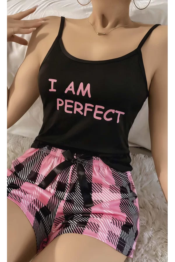 Kadın Siyah Kare Desenli Askılı Şortlu Pijama Takım 6652