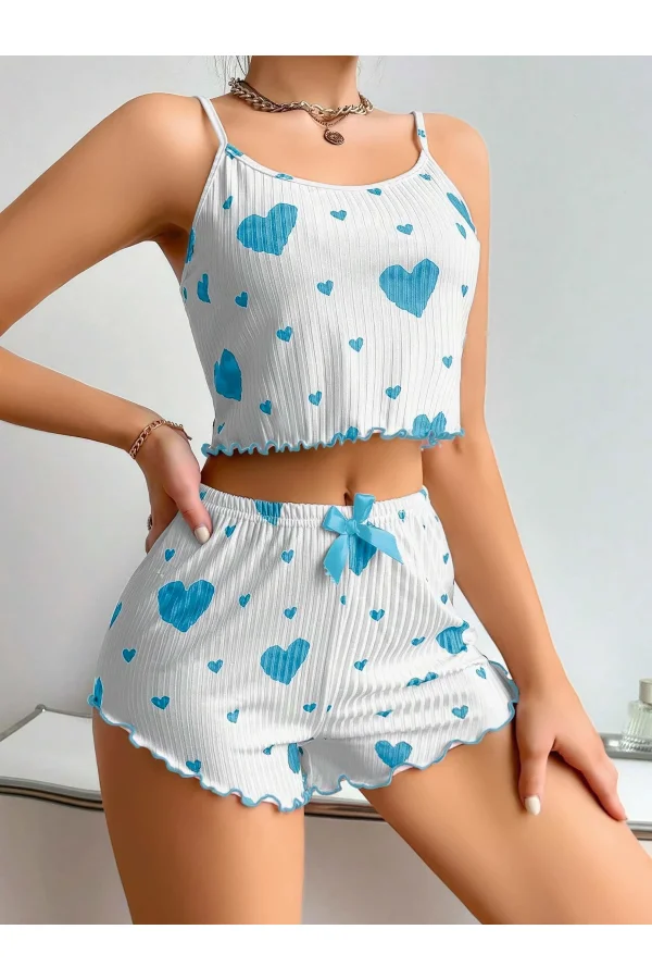 Kadınbeyaz Mavi Kalp Desenli Askılı Şortlu Pijama Takım 6657