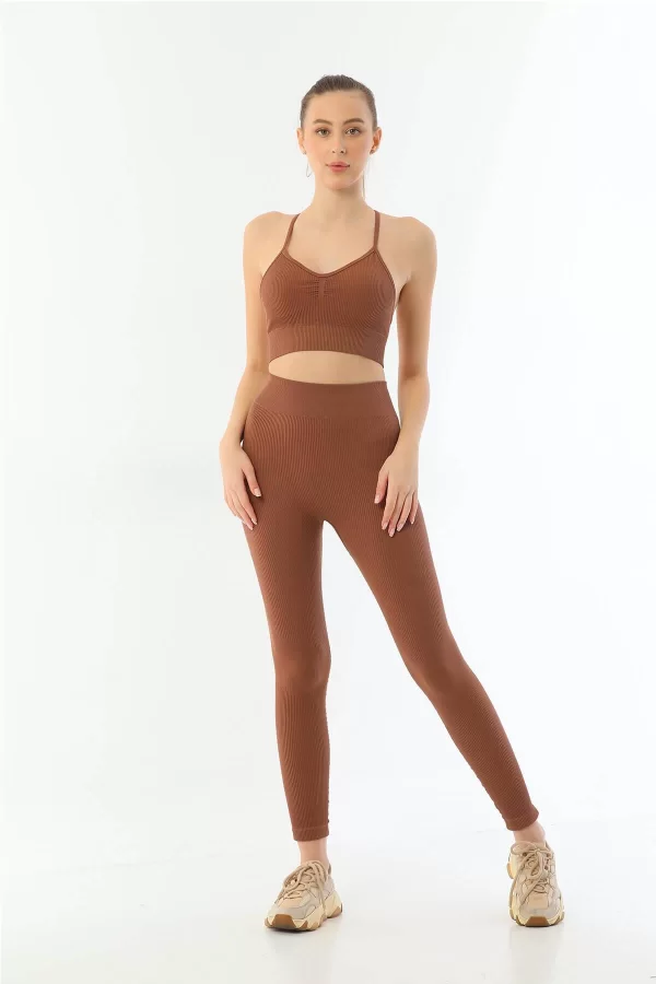 Kahve Mı Emay 3921 Soft Seamless Ripli Tayt Yoga Takımı