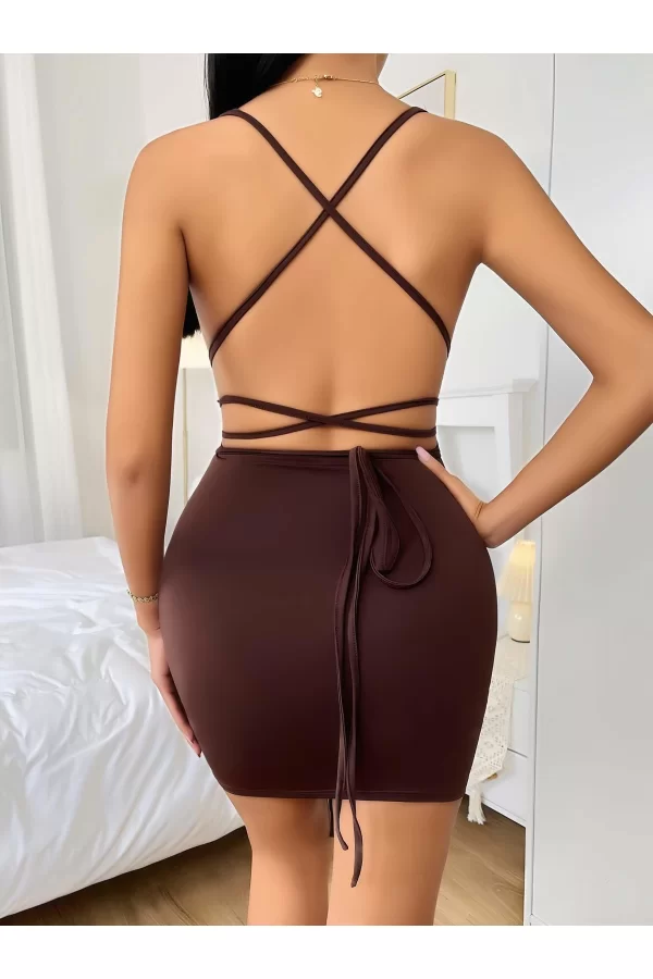 Kahverengi Şık Fantezi Clup Elbisesi 6681