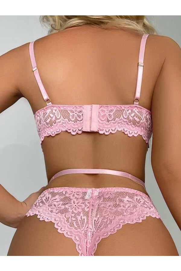 Kalp Aksesuarlı Dantelli Fantezi Pembe Jartiyer Takım