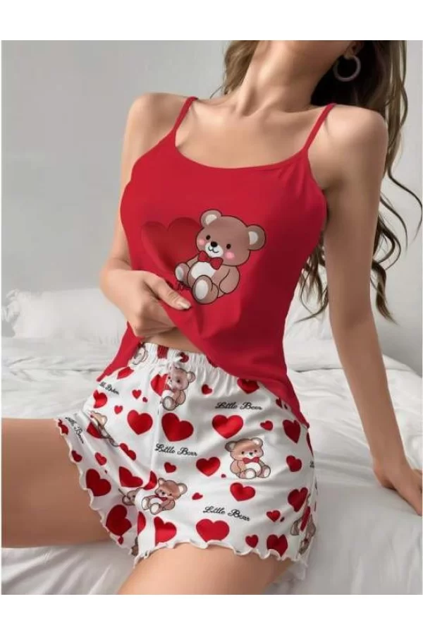 Kalpli Ayıcık Desenli Askılı Şortlu Pijama Takımı