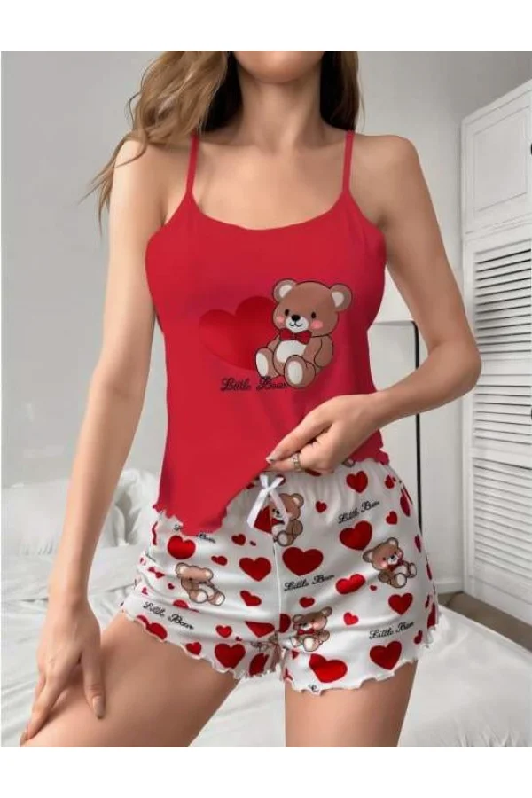 Kalpli Ayıcık Desenli Askılı Şortlu Pijama Takımı