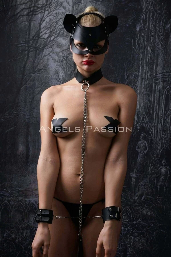 Kedi Maskeli El Ve Ayak Kelepçeli - Tasmalı Fantazi Slave Set - Brf1341