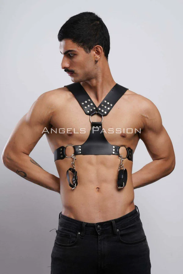 Kelepçeli Erkek  Göğüs Harness, Deri Erkek  Fantezi Harness, Kelepçeli Erkek  Harness - Brfm121