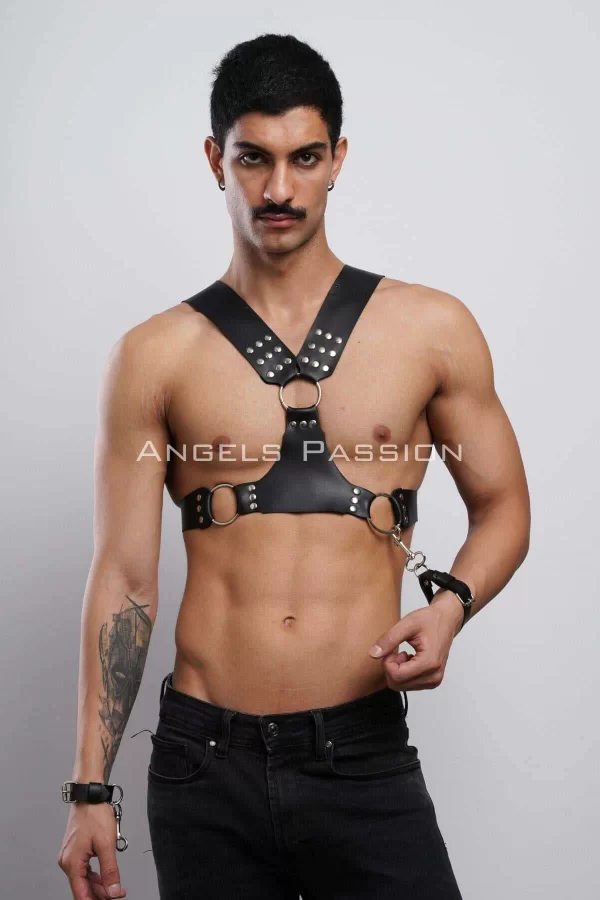 Kelepçeli Erkek  Göğüs Harness, Deri Erkek  Fantezi Harness, Kelepçeli Erkek  Harness - Brfm121