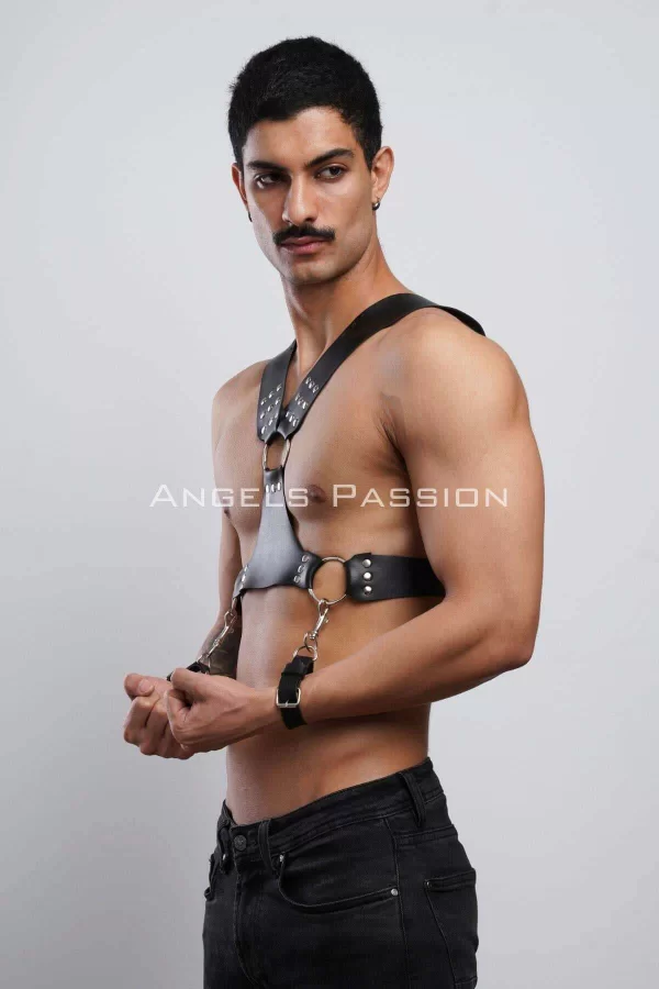 Kelepçeli Erkek  Göğüs Harness, Deri Erkek  Fantezi Harness, Kelepçeli Erkek  Harness - Brfm121