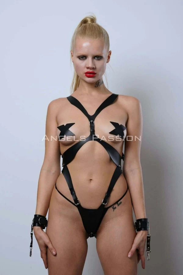 Kelepçeli Full Body Harness Set, Deri Fantezi İç Giyim, Bayan İç Giyim - Brf1102