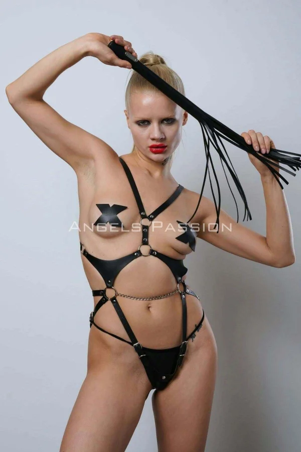 Kırbaçlı Ve Ağ Bölgesi Açık Deri Body Harness, Deri Fantezi Giyim, Clubwear - Brf1355